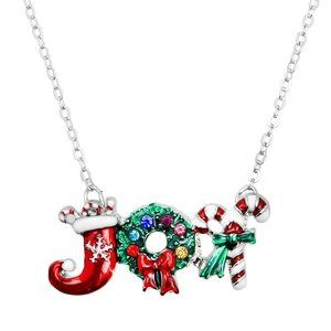 Christmas Necklace Pendant Holiday Crystal JOY Stocking Wreath Candy Cane RED